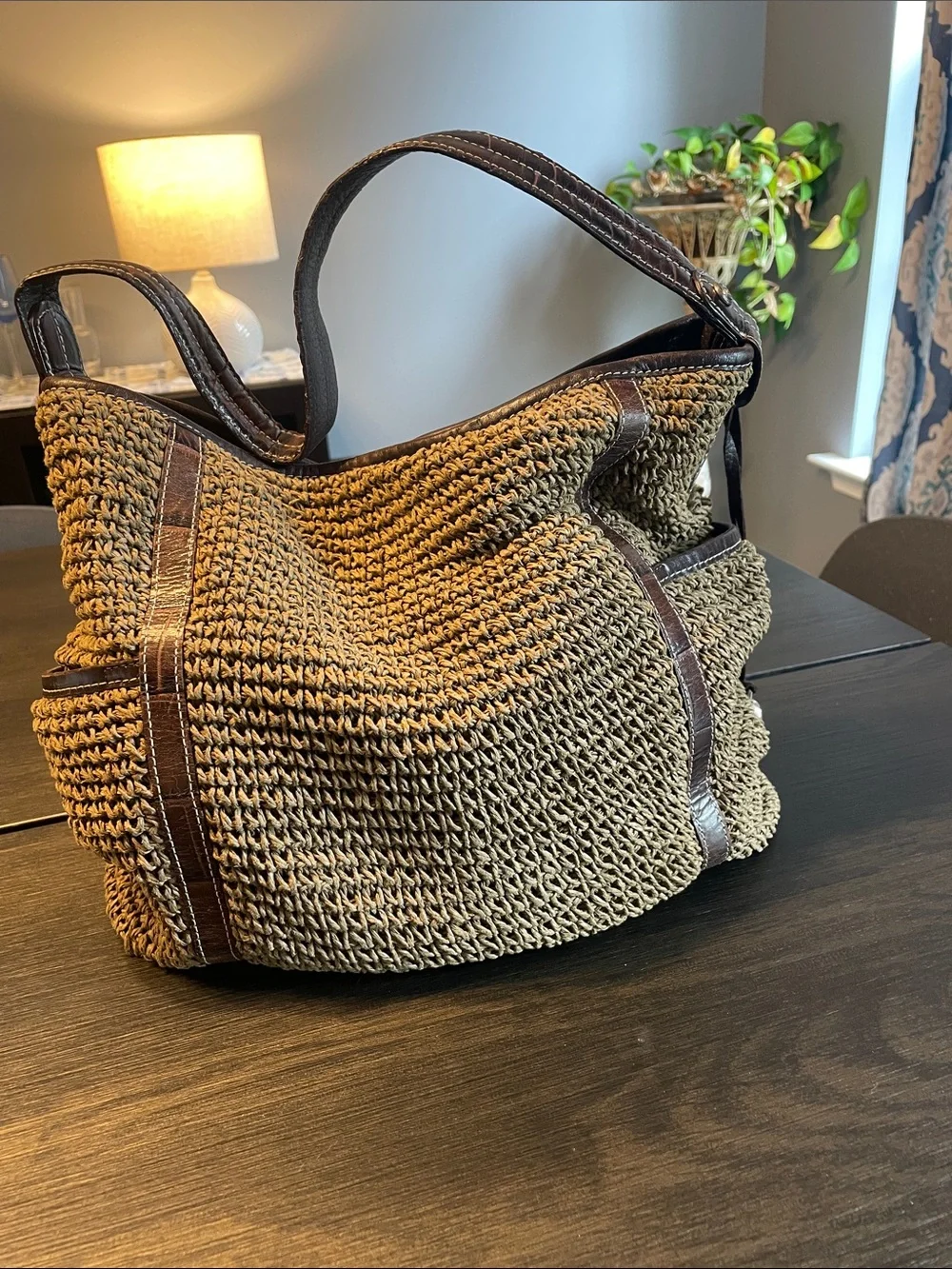 Brighton Brown Woven Hobo Bag with Dark Brown Trim